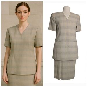 Louis Feraud Set Neutral Plaid  Vanilla Girl Blazer & Skirt Size 8/EU 38